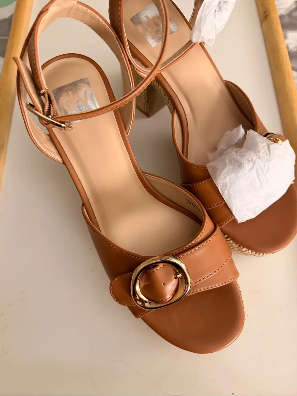Dolce Vita Cognac Brown Block-Heel Sandals with Gold Buckle - Picture 1 of 4